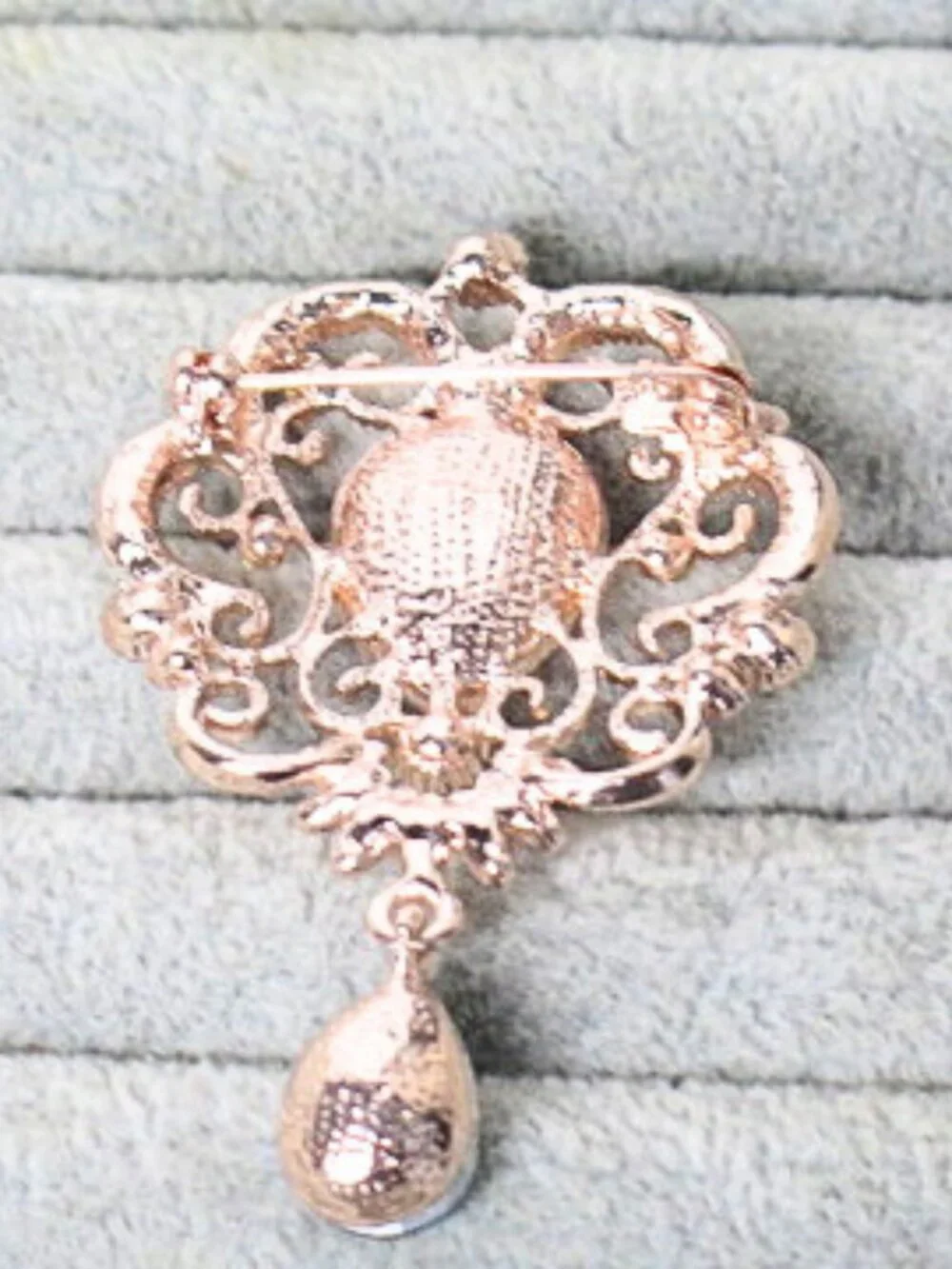 Rose Gold Tone Red & Blue Rhinestone Teardrop Dangle Brooch Pin